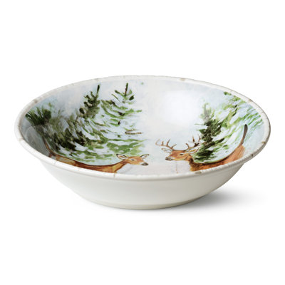 Winter Cabin Serving Bowl — A sweeping 13.25-inch, 128-ounce ceramic centerpiece painted with a sweeping winter woodland panorama, as beautiful filled as it is on display.