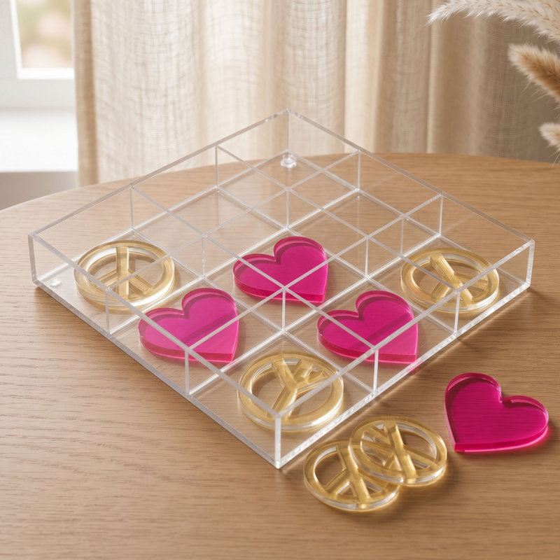 Ensemble de jeu de société Tic Tac Toe Noughts and Crosses, signes de paix et de cœur - décoration de table basse, rose / jaune, 10 po x 10 po