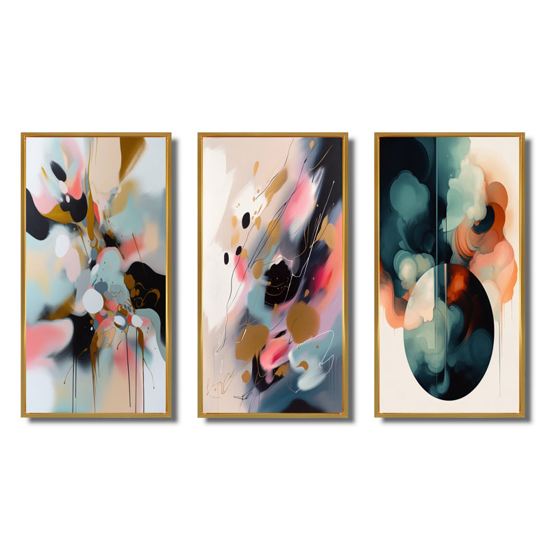 «Brushstroke Abstract Paint», 3 pièces sur toile, Cadre flottant doré, H 28 po x l 36 po