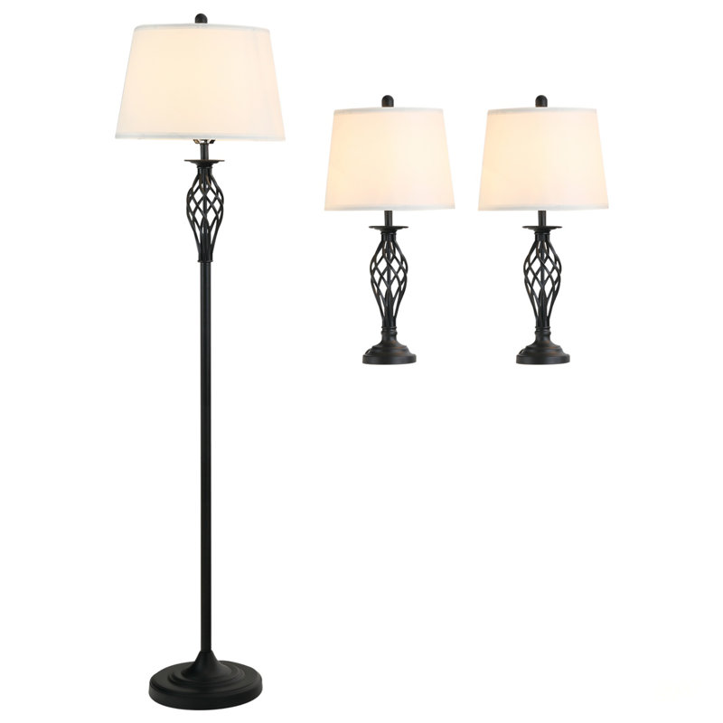 Ensemble de lampes rétro 3 pièces avec mât en métal, base ronde et abat-jour en tissu pour un éclairage de salon confortable