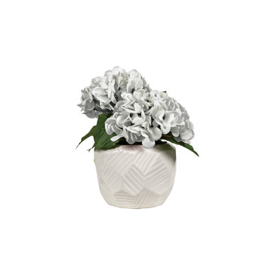 White Real-touch Hydrangeas In White Knapped Planter