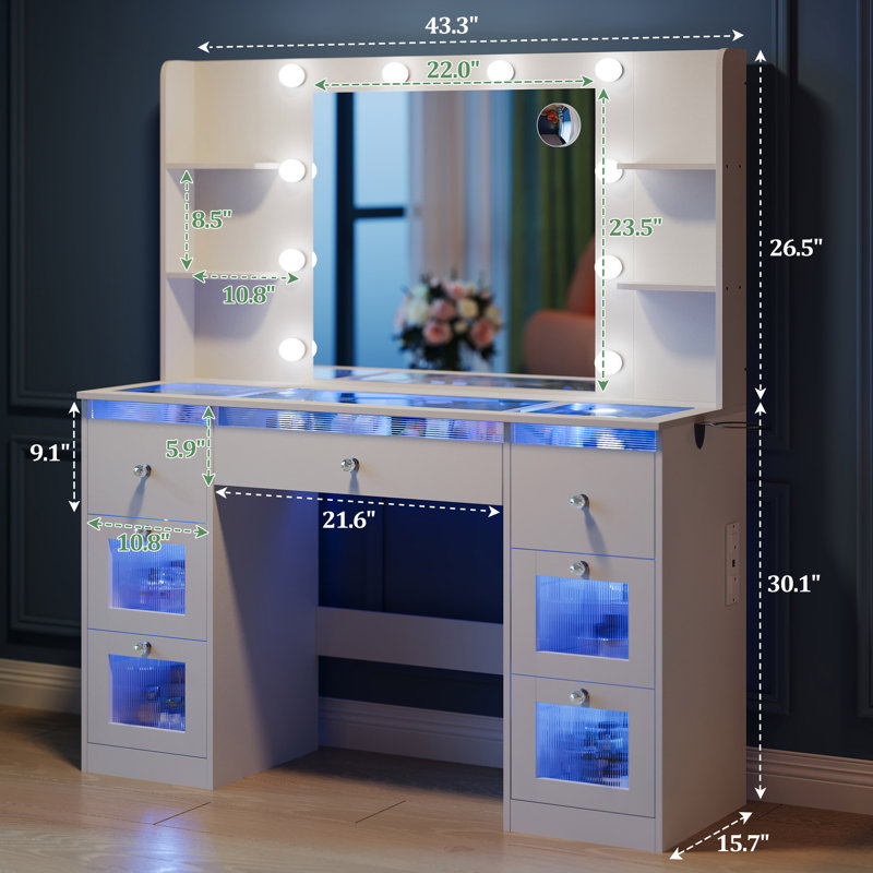 Bureau de meuble-lavabo avec miroir éclairé, 3 modes de couleurs, plateau en verre, 4 tablettes et prise de courant - coiffeuse de maquillage pour chambre à coucher