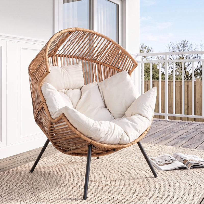 Fauteuil œuf en osier pour patio avec coussin, Beige/Yellow