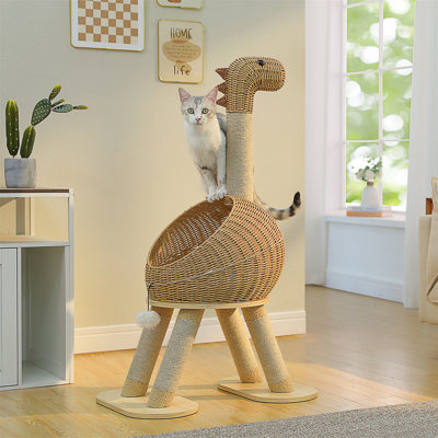 Modern Cat Tree 46” Cat Dinosaur Tower With Scratching Post, Large Rattan Cats House In 18” Diameter, Wicker Cats Bed With Removable Mat