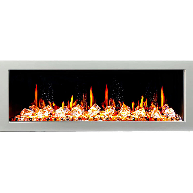 Litedeer Homes Latitude II ZEF58V 58" Smart Electric Fireplace | Ultra-Slim Wall Mounted & Recessed White Frame | HD Multi-Flame, Breathing Logs and Crushed Ice Rocks Decor, App Control