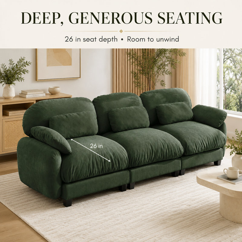 Canapé modulaire en chenille 3 places avec sièges profonds, coussins de style nuage et coussins lombaires Sarvis, Vert
