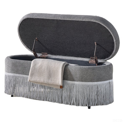 Oval Upholstered Storage Ottoman with Fringe Trim & Lift-Top Lid - 39"L X 16"W X 17"H, Multi-Functional Footrest & Hidden Storage for Living Room Or Bedroom