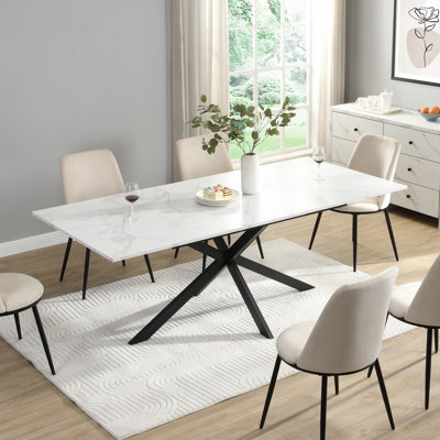 Extendable Dining Table 160cm Marble Effect Black X Leg 4-6 Seater Modern