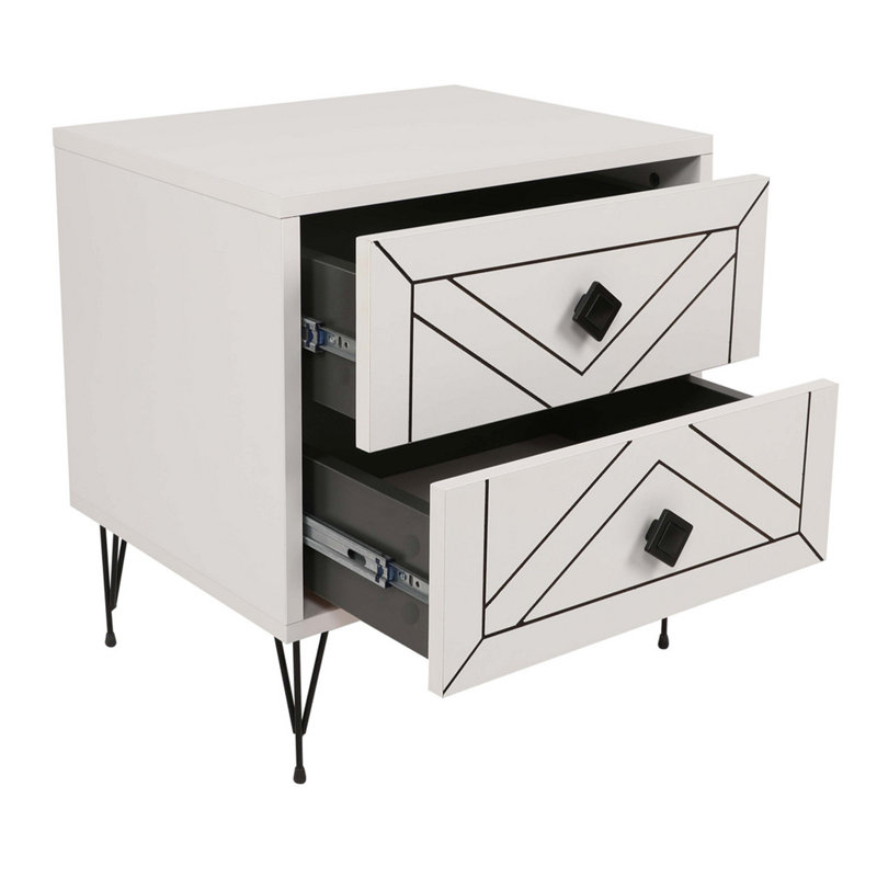 Table de chevet 2 tiroirs Keionte, 19,7 po x 21,7 po x 15,7 po | 100% panneau de particules enduit de mélamine, pieds en métal, dimensions du tiroir: 18,1 po x 6,7 po | Conception géométrique élégante, parfaite pour la chambre à coucher ou le salon