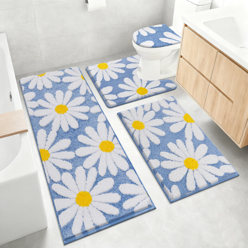 4 Piece Soft Absorbent Microfiber Bath Rug Set With Non-Slip Backing, Blue