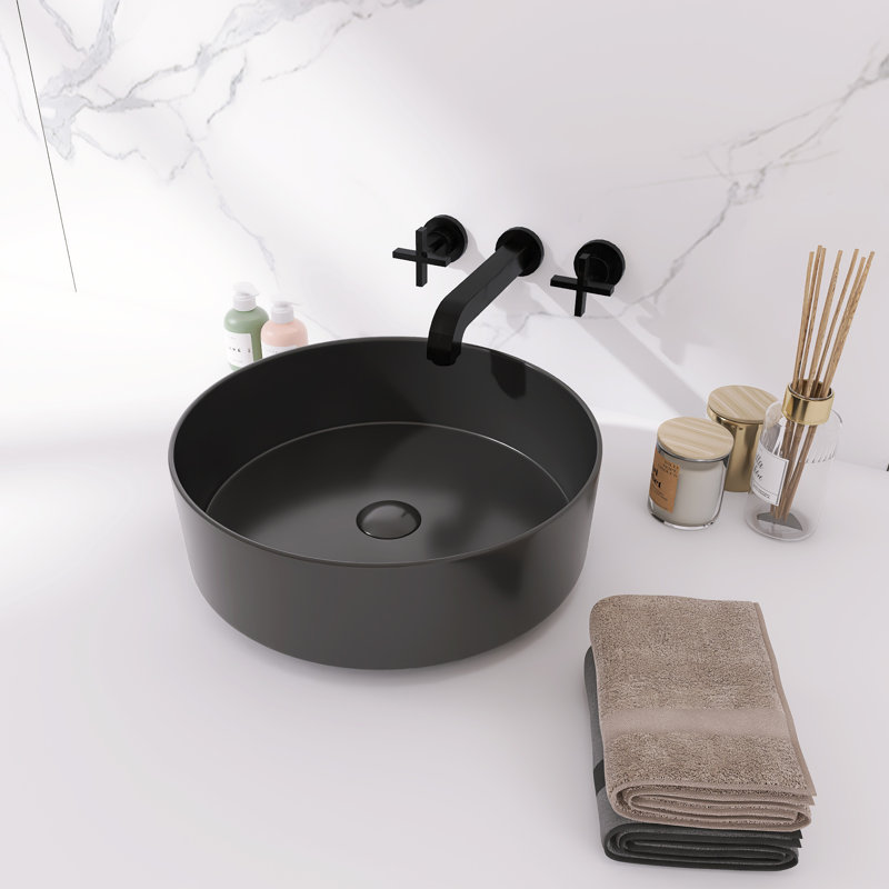 Lavabo de salle de bain vasque circulaire en céramique 16 po, Noir mat