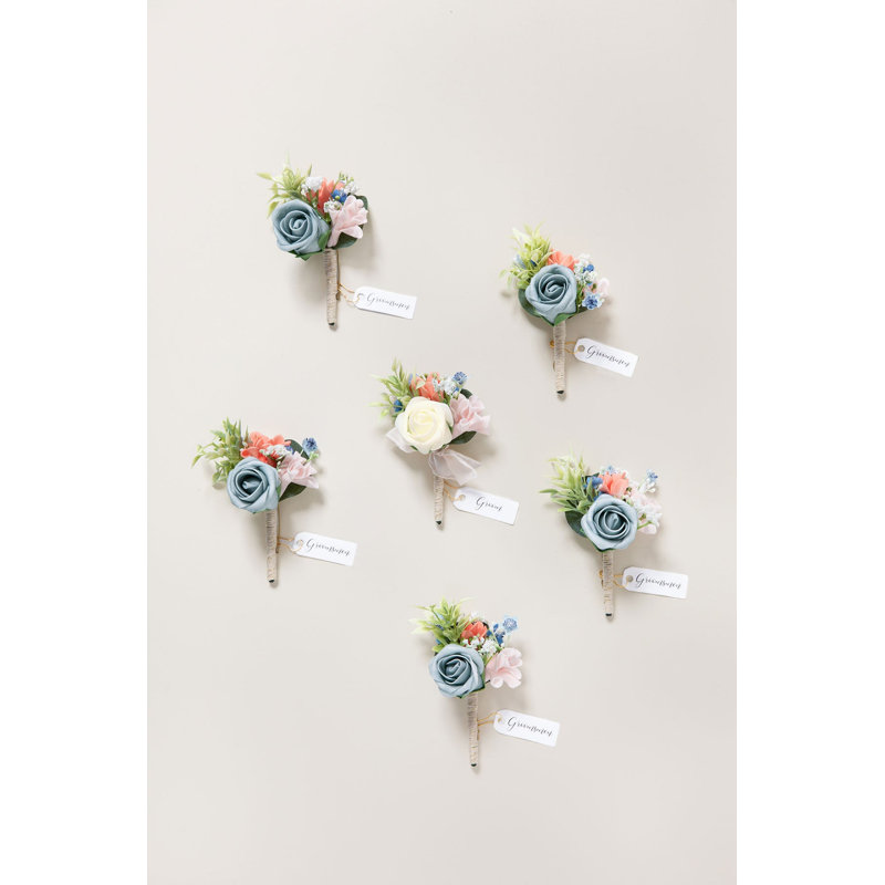 Boutonnières Ling's Moment bleu poudré, Bleu cendré et crème