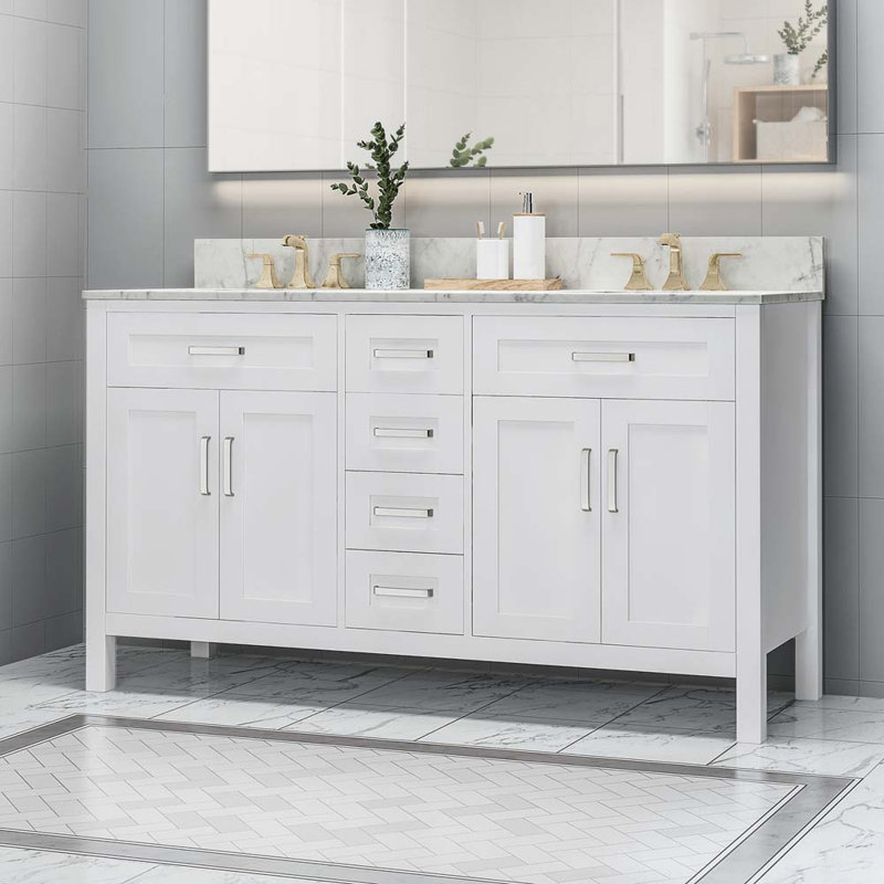 Meuble-lavabo double 61 po avec plateau en marbre Elman, Blanc