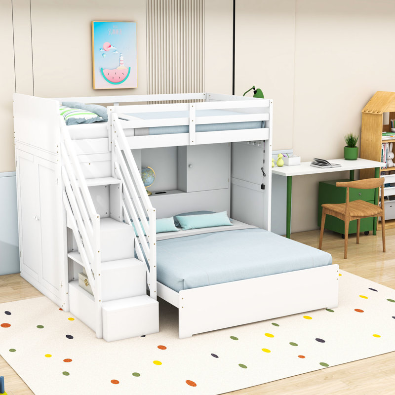 Bunk Bed with Wardrobe,USB and Lights, White