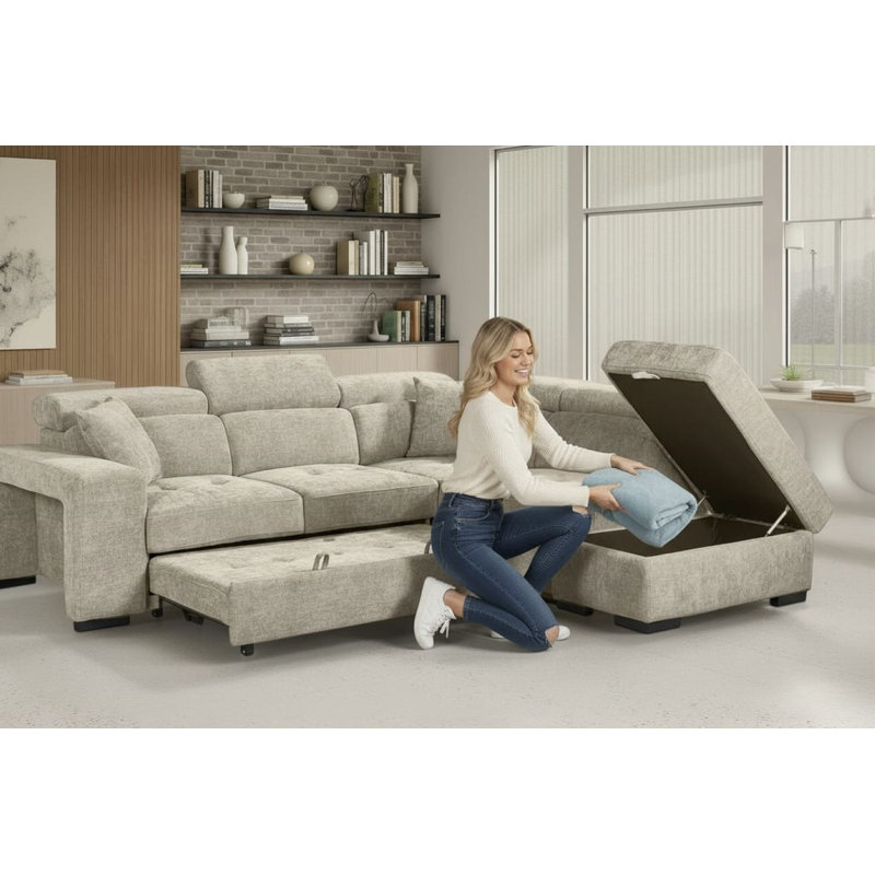 Corner Sofabed with Storage and Ottomans, Right Hand Facing, Blue Chenille