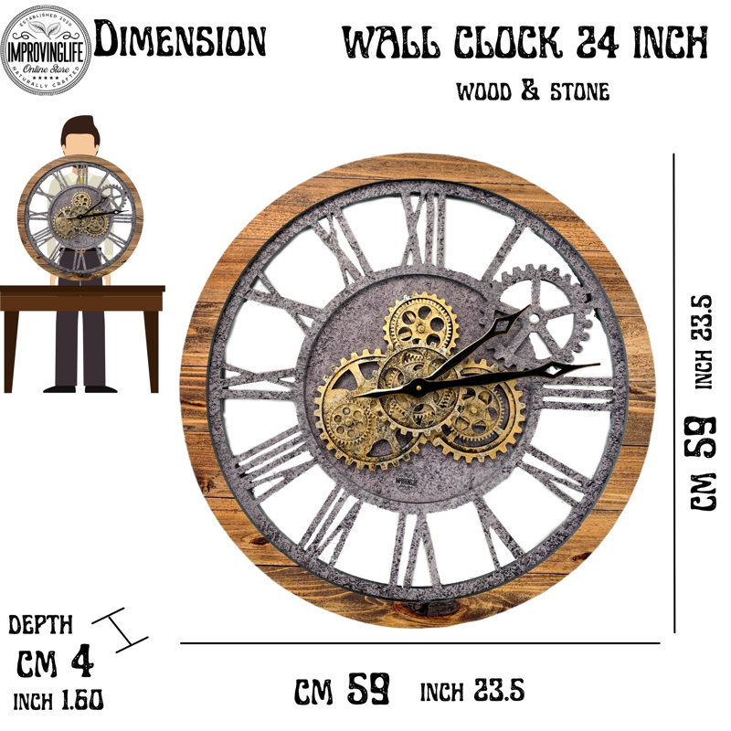 24" Rustic Wood and Stone Oversized Wall Clock with Moving Gears