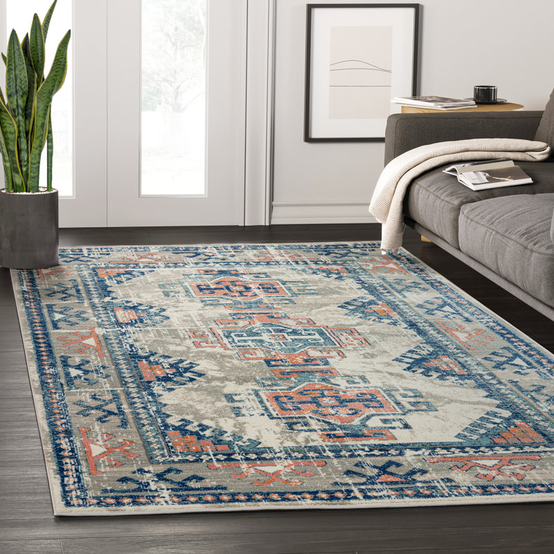 Tapis gris / bleu / corail Gardette, Rectangle 5 pi 3 po x 7 pi 6 po
