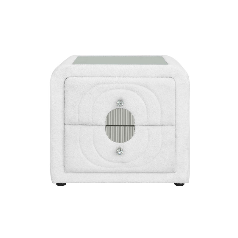 Chic Nightstand with Glass Top and Crystal Button Drawer, Featuring Side Metal Drawer Glide and Safety Stop for Enhanced Functionality