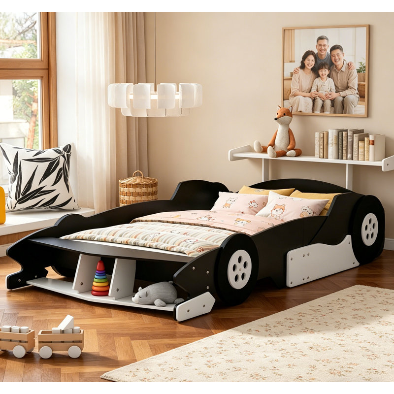 Lit plateforme pleine grandeur en forme de voiture de course avec roues, durable et sécuritaire pour les chambres d'enfants