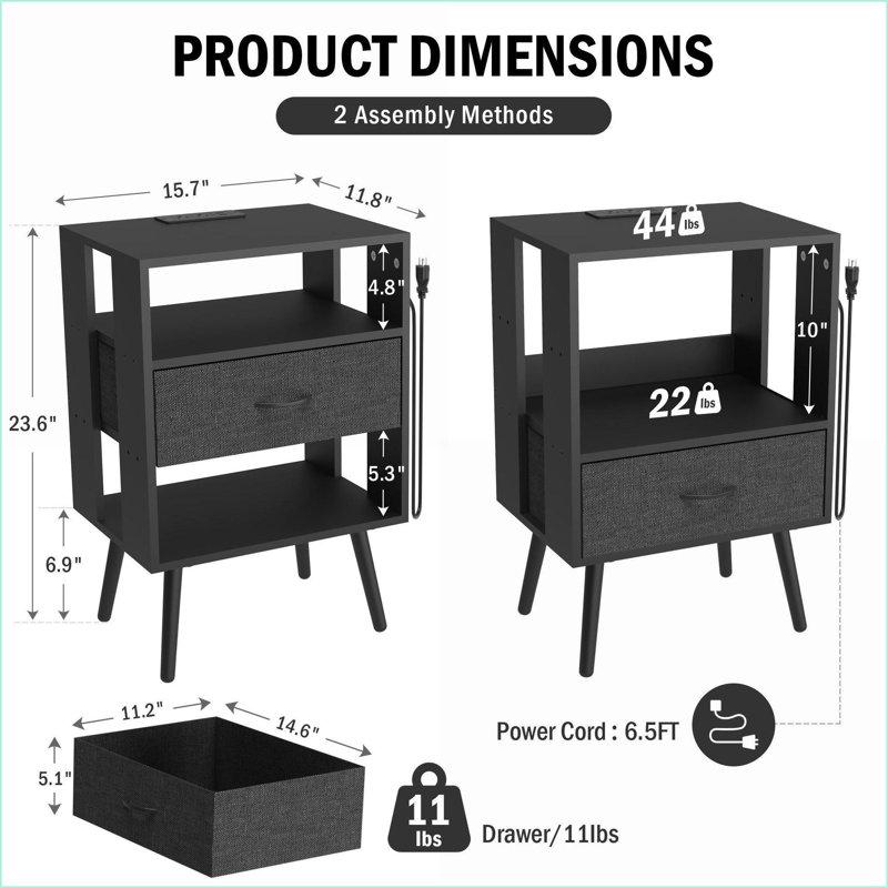 2 Pack Modern Nightstand with Charging Station, LED Light and Fabric Drawers, Black