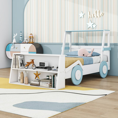 Twin Wood Car Bed with Storage Shelves and Fun Racecar Design