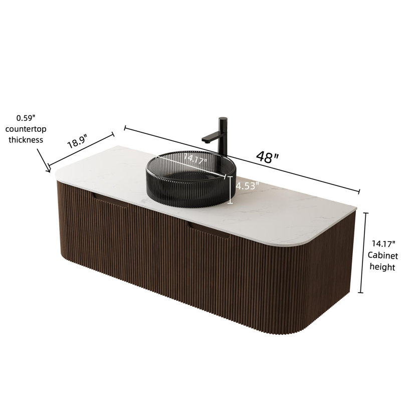 Meuble-lavabo mural avec lavabo, armoire de rangement rayée à bords courbés avec tiroirs, Noyer / blanc de Carrare, 48"