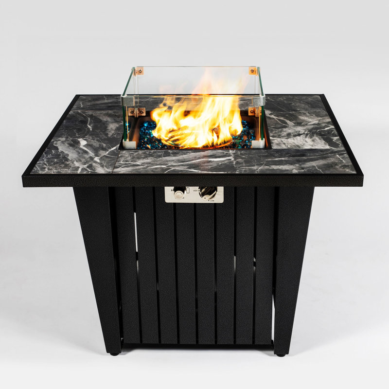32Inch Outdoor Square Propane Fire Pit Table With Blue Glass Beads