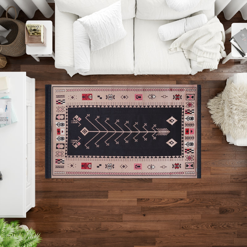 Tapis Bigghome, motifs turcs traditionnels réversibles 4 x 6 lavables à la machine - noir et blanc, Rectangle 4pi x 6 pi