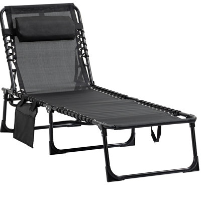 Portable Sunbed Chair, Folding Camping Lounge. Adjustable , Removable Pillow & Side Pocket. Black For Patio, Garden, Beach. 264 Lbs Capacity. Breathable Mesh. 74.75" L X 22.31" W 11.95" H Lounge -