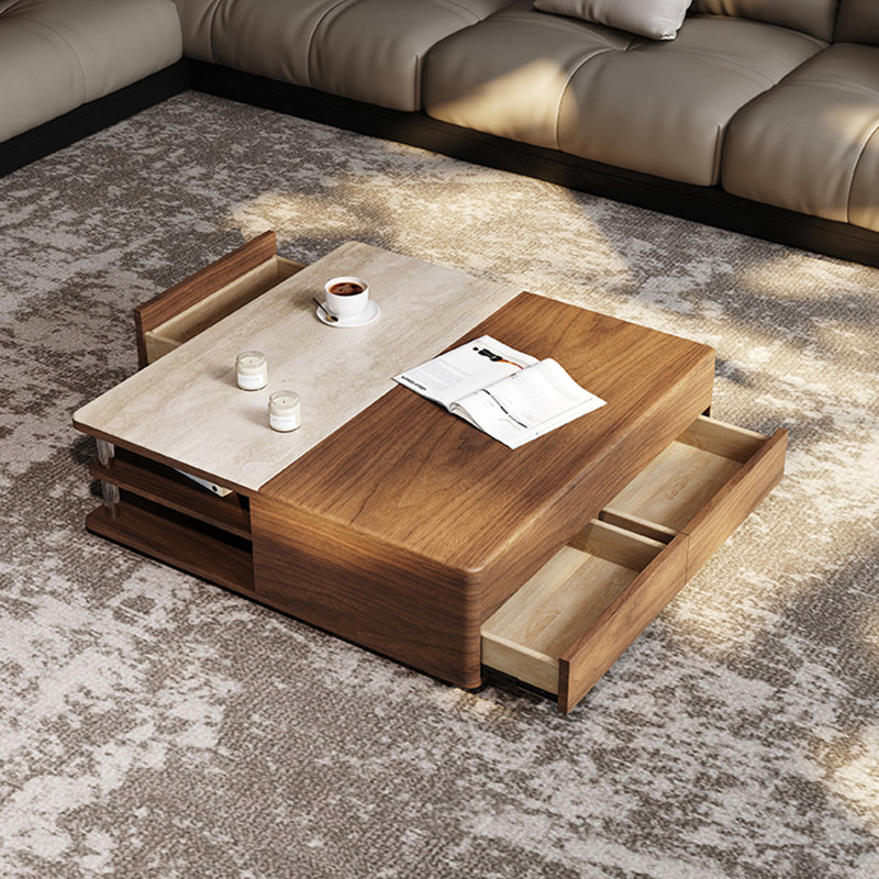 Table basse en placage de noyer avec plateau en pierre frittée