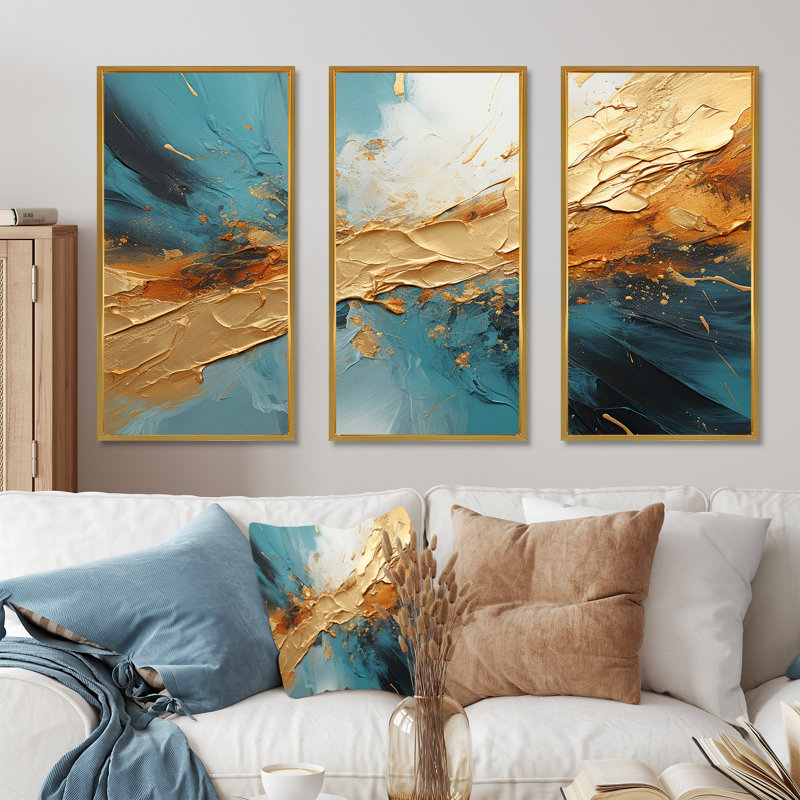 «Gold Turquoise Desert Mirage Spiral I», ensemble de reproductions d'art abstrait, Cadre flottant doré