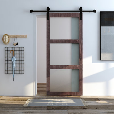 36'' x 84'' Solid Wood Glass Satin without Installation Hardware Kit Barn Door