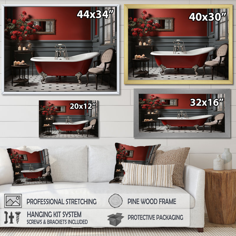 " Red Modern Bathroom Charm III ", 12" H x 20" W x 1" D, Black Single Picture Framed