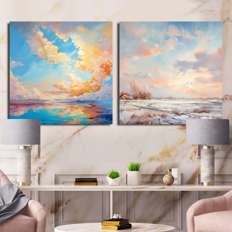«Turquoise Clouds Charm», ensemble de 2 collages carrés, Toile tendue, H 30 po x l 61 po