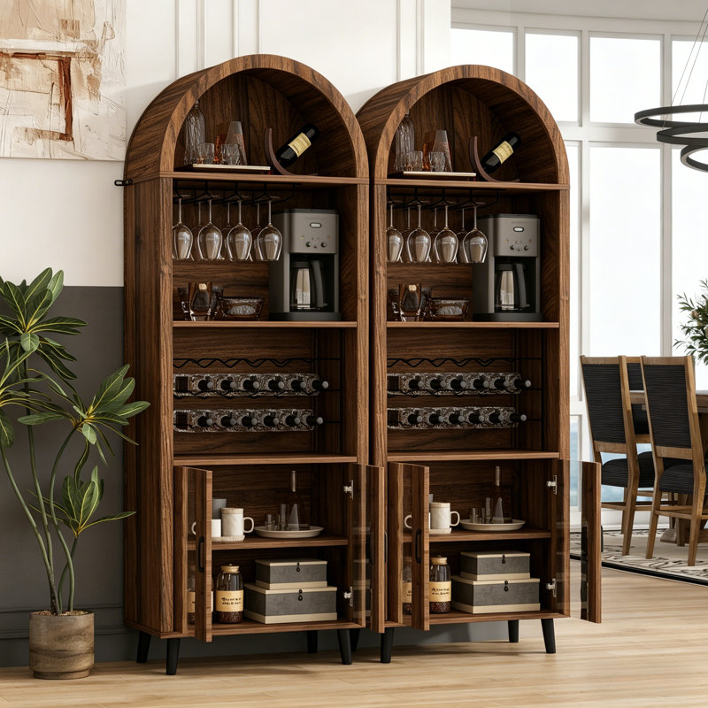 Ensemble de 2 armoires de bar à vin de style campagnard, armoire à café arquée haute de 71 po avec rangement, support à vin et porte-verre