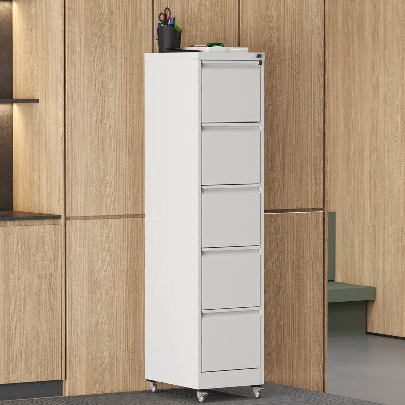 5 Drawer Metal Vertical File Cabinet On Wheels For Office Use, Storage A4/letter/legal Size Files, White, 17.71"d*15.2"w*62.45"h, - Tipping Design, Easy Mobility Mechanism, Quiet Opening