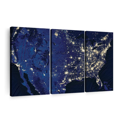 «USA Map Night Lights USA Map», reproduction sur toile 3 pièces par Echoes of America