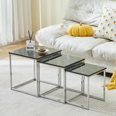 Living Room Nesting Coffee Table Set Of 3 High Glossing Marble Effect, Small Square Side Sofa Table 3 In 1 Nested Table Corner Little End Table Stackable Wood Tabletop With Chrome Frame 
