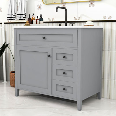 Meuble-lavabo en bois avec lavabo, 3 tiroirs, tablette et portes