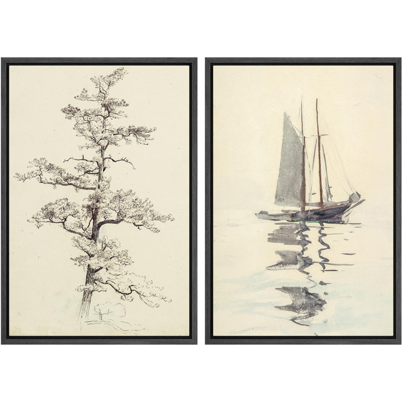 Croquis maritime et voilier aquarelle, thème nautique, nature, décor, illustrations, Noir, H 24 po x l 16 po