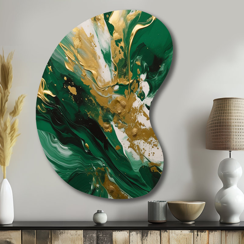 Vert et or Serene Cascade II - Art mural abstrait asymétrique en métal, reproduction de sculpture murale en forme unique