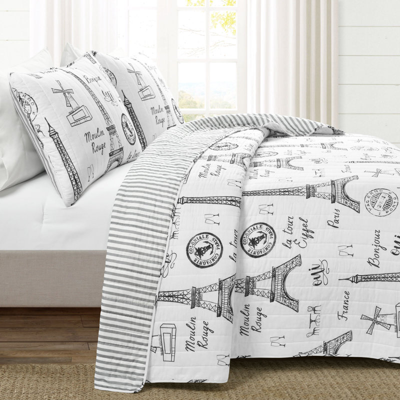 Paris France Black Standard Cotton 320 TC Reversible 3 Piece Quilt Set (Set of 3)