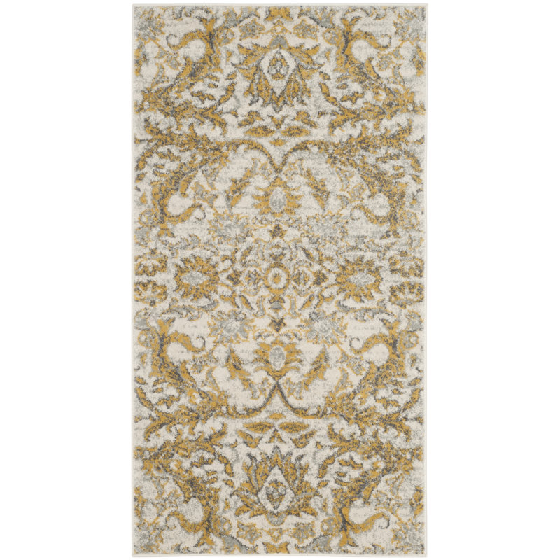 Adie Damask Ivory/Gold Area Rug, Rectangle 2'2" x 4'