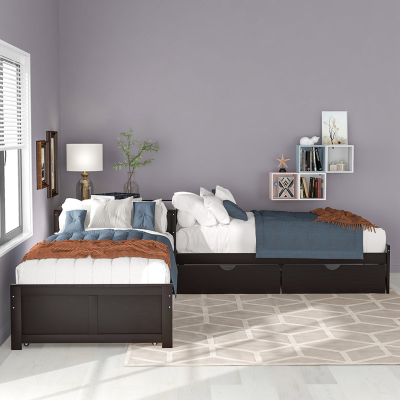 Twin Size L Shape Platform Bed Frame With Trundle, Rawers And Built-In Table, Espresso