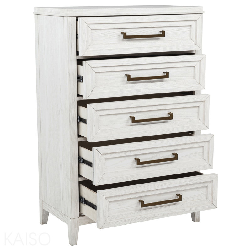 Commode de chambre à 5 tiroirs blanc vieilli