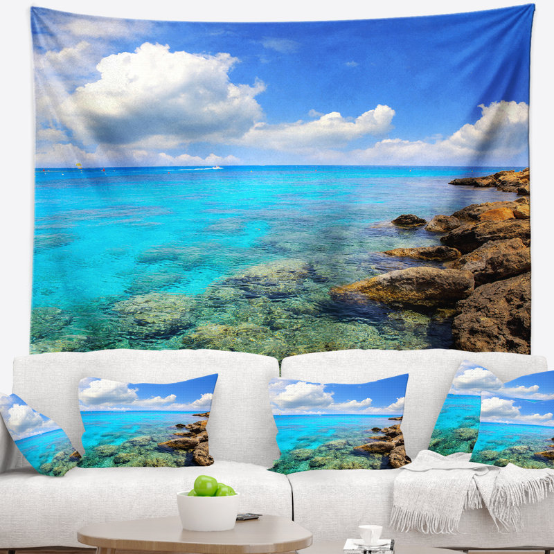 Tapisserie de seascape de mer, jour d’été, avec accessoires suspendus inclus, H 32 po x l 39 po