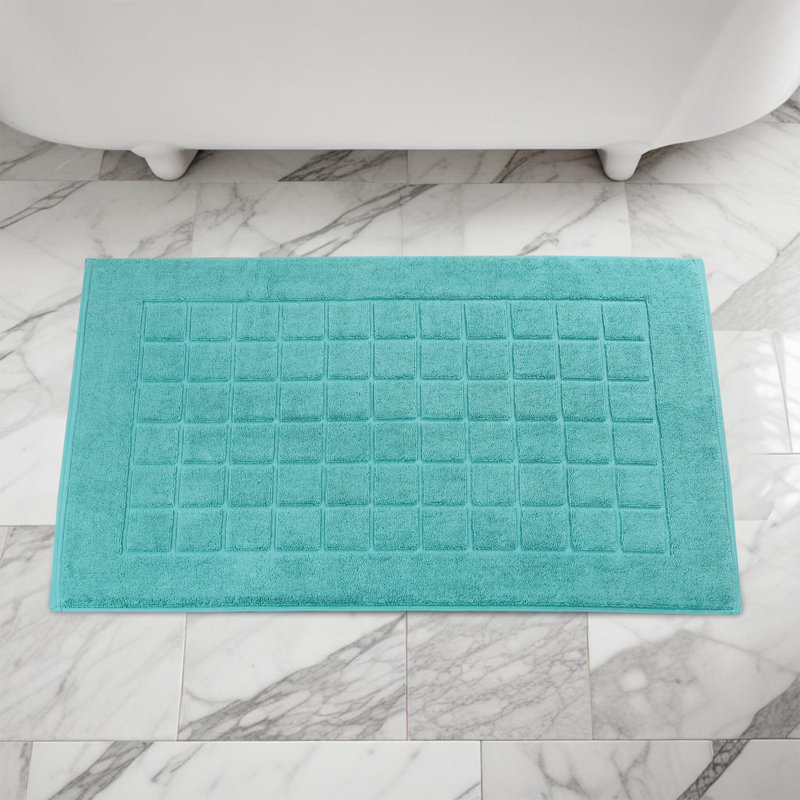 Nora Cotton Terry Solid Absorbent Thick Checkered Washable Bath Mat Set Of 2, Turquoise