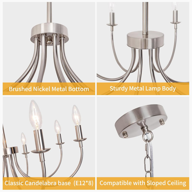 8 Lights Brushed Nickel Modern Candle Chandelier, 8 Lights