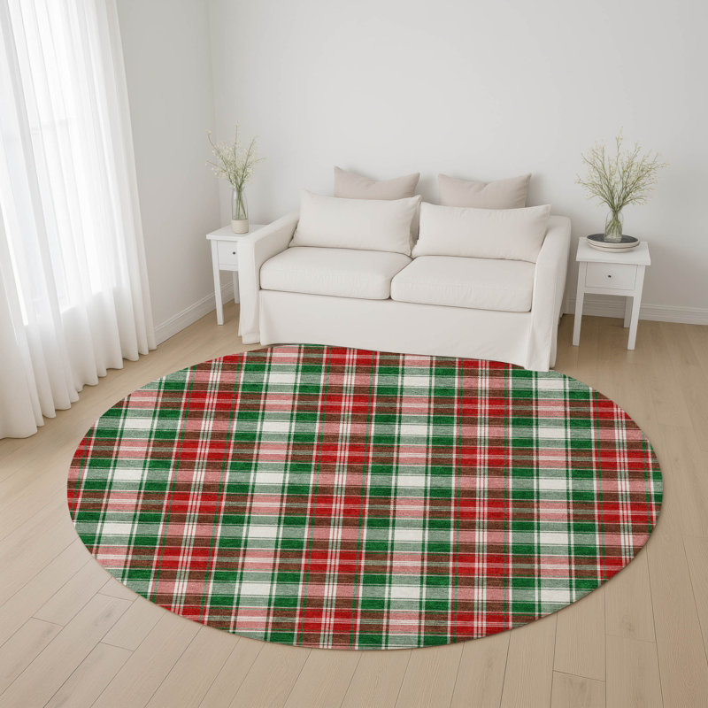Premium Machine Washable Dockside AMF1817 Christmas Plaid Rug, Round 8'