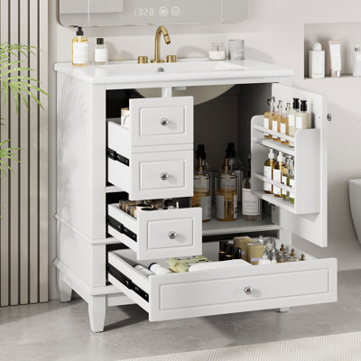 Meuble-lavabo moderne avec lavabo en céramique, porte à fermeture amortie, rangement à plusieurs niveaux et finition résistante à l'humidité